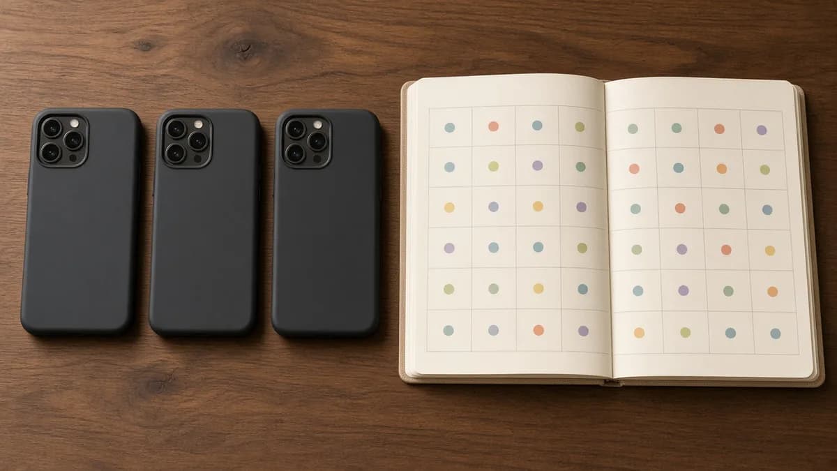 Three phones and a weekly planner marked with colored cadence dots.