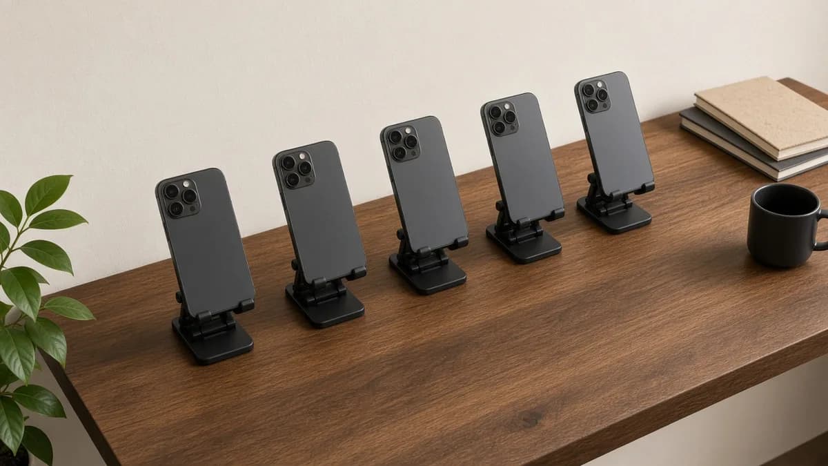 A row of identical phones on stands across a long desk for a batch session.
